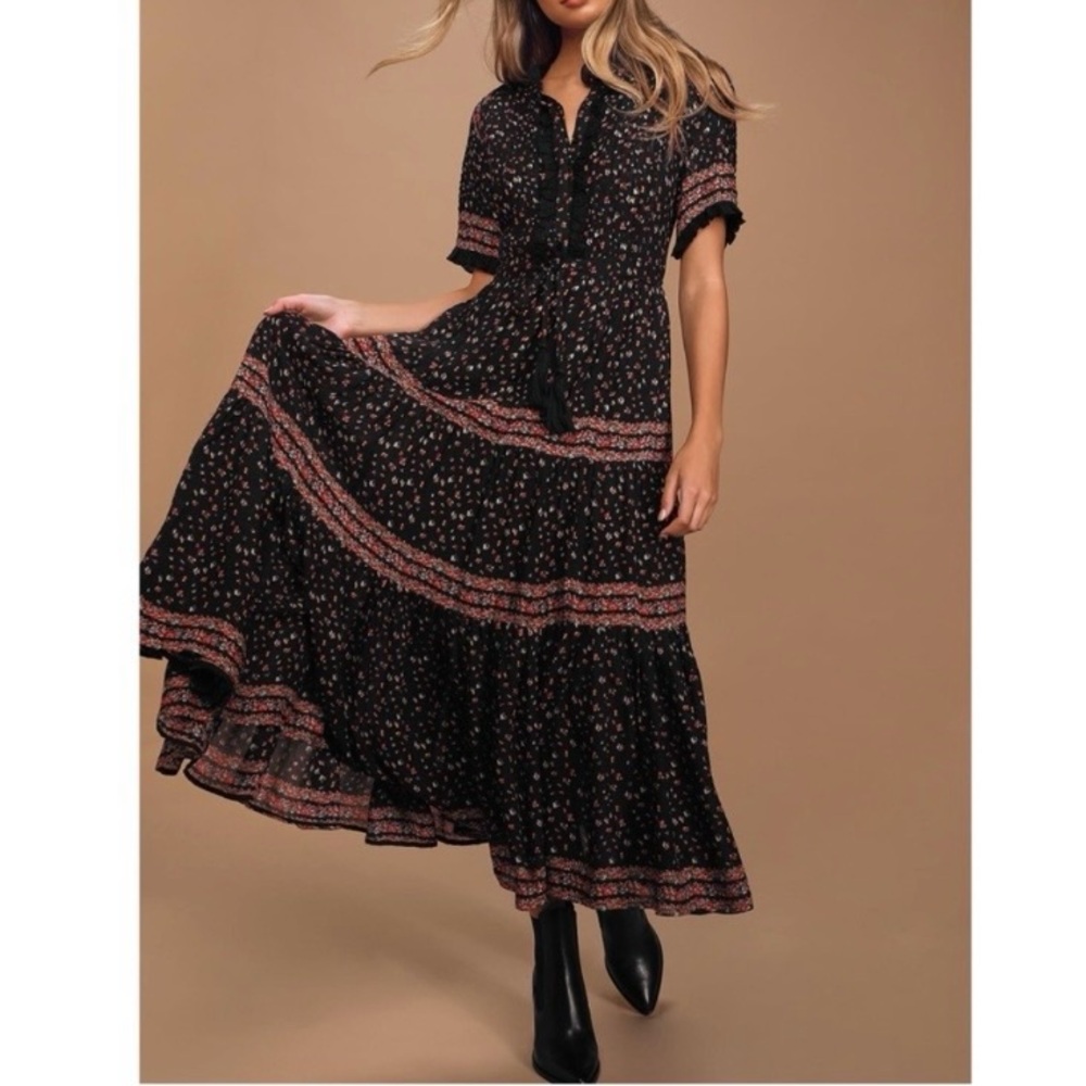 Free People Rare Feelings Black Floral Print Tiered Pleated Maxi Dress